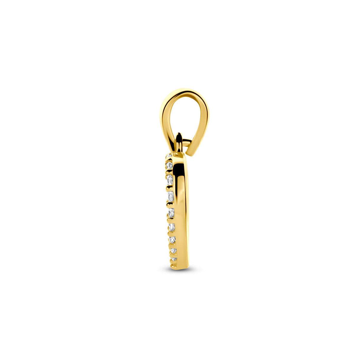 Zijaanzicht van de gouden hartje hanger met zirkonia van 14 karaat.