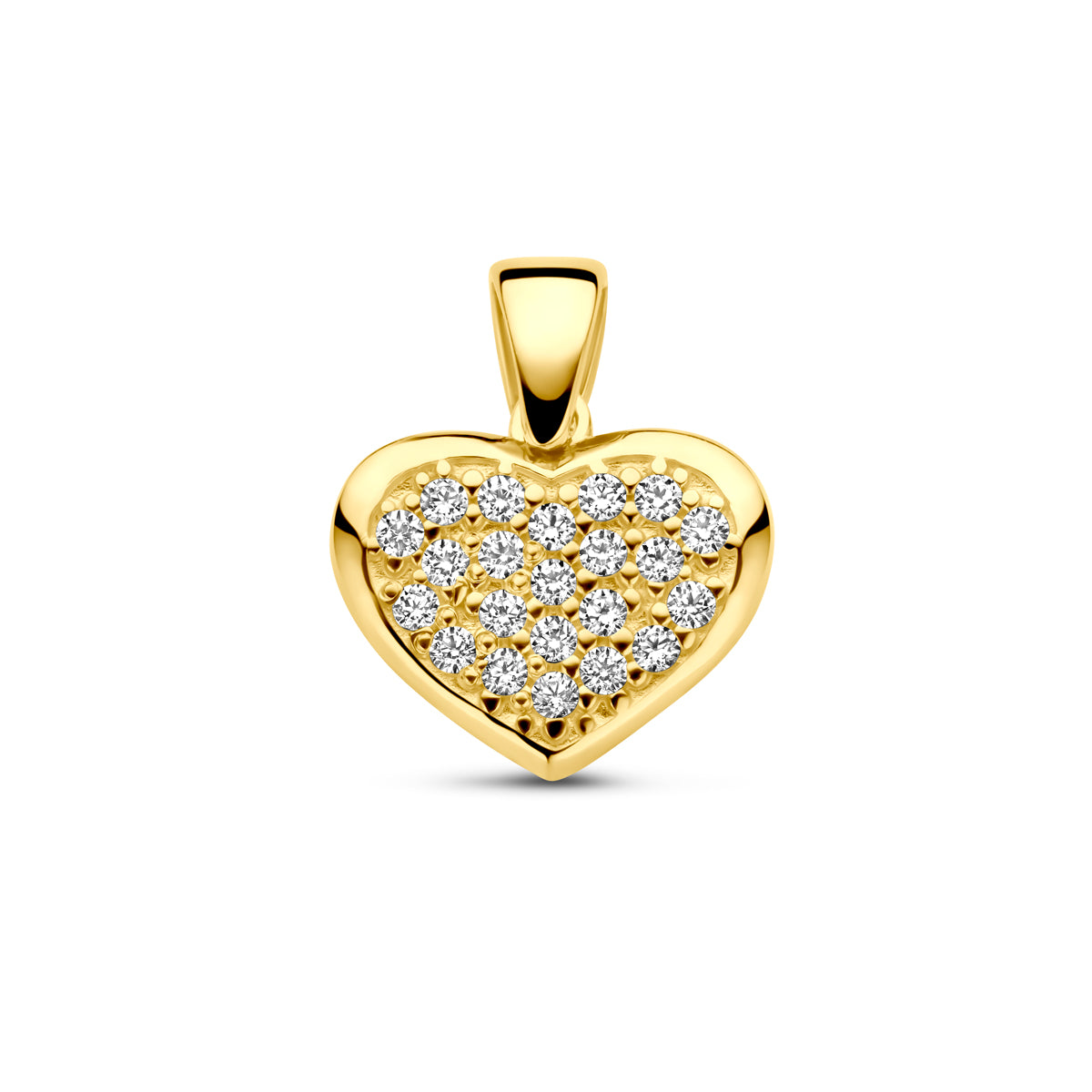 Vooraanzicht van de gouden hartje hanger met zirkonia van 14 karaat.