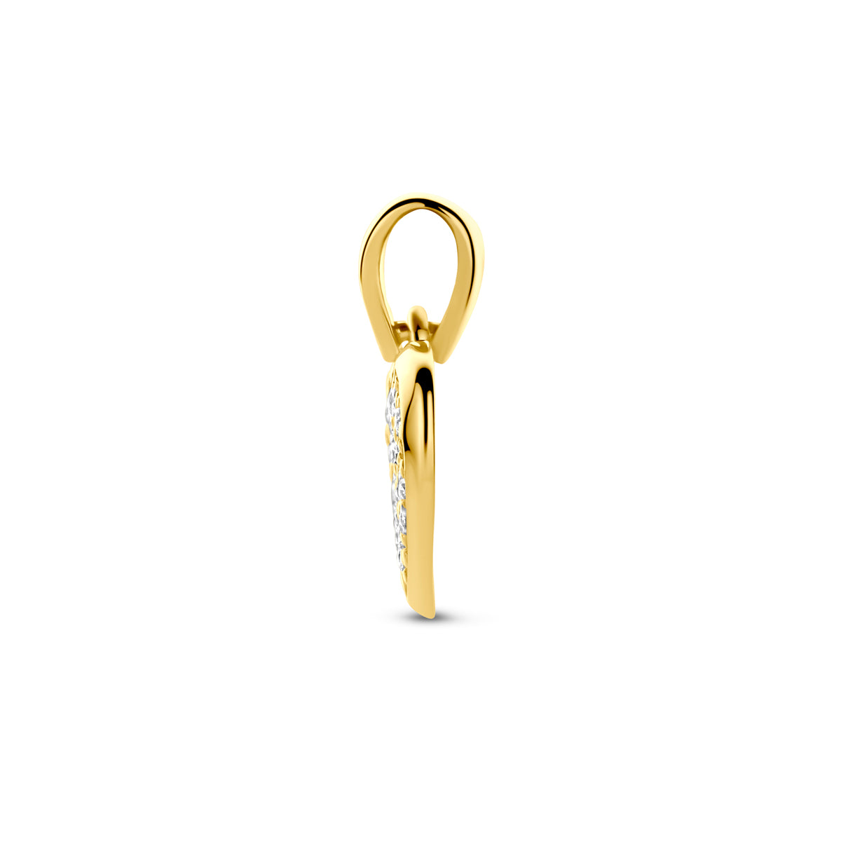 Zijaanzicht van de gouden hartje hanger met zirkonia van 14 karaat.