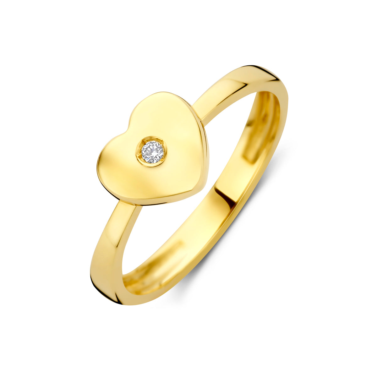 Schuin bovenaanzicht van de gouden hartje kinderring met lab grown diamant van 14 karaat.