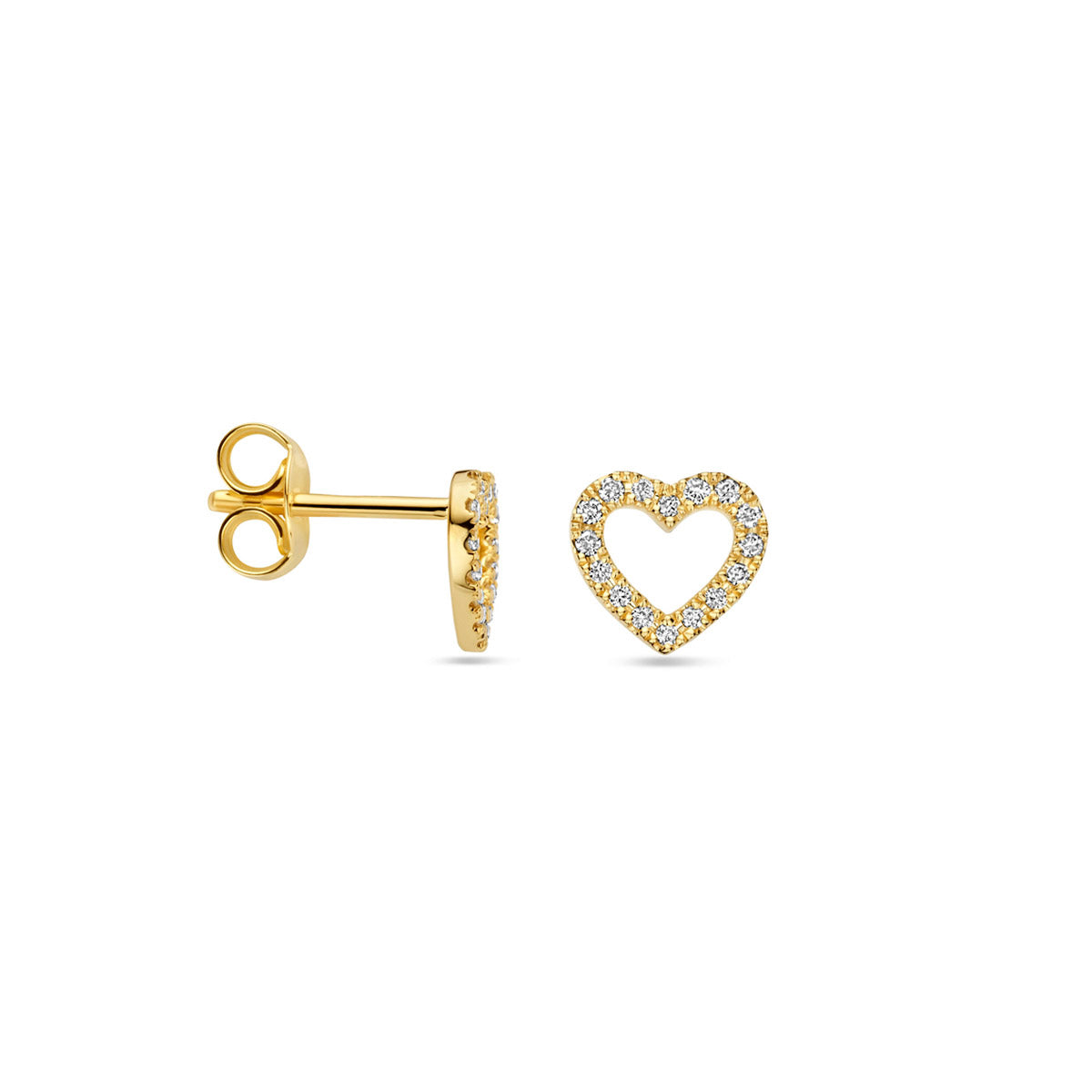 Voor- en zijaanzicht van de gouden hartje oorknopjes met diamant van 14 karaat.