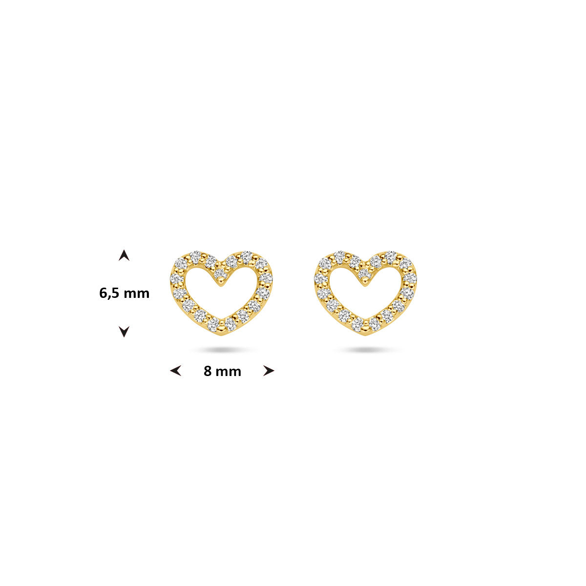 Afmetingen van de gouden hartje oorknopjes met lab grown diamant van 14 karaat: 6,5 mm hoog en 8 mm breed.