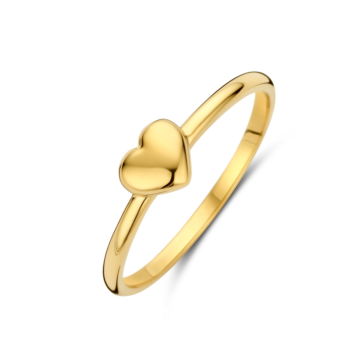 Schuin bovenaanzicht van de gouden hartje ring van 14 karaat.