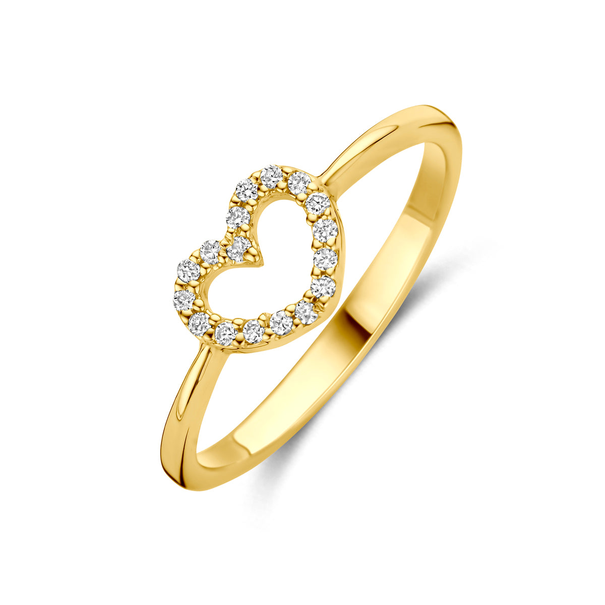 Schuin bovenaanzicht van de gouden hartje ring met lab grown diamant van 14 karaat.