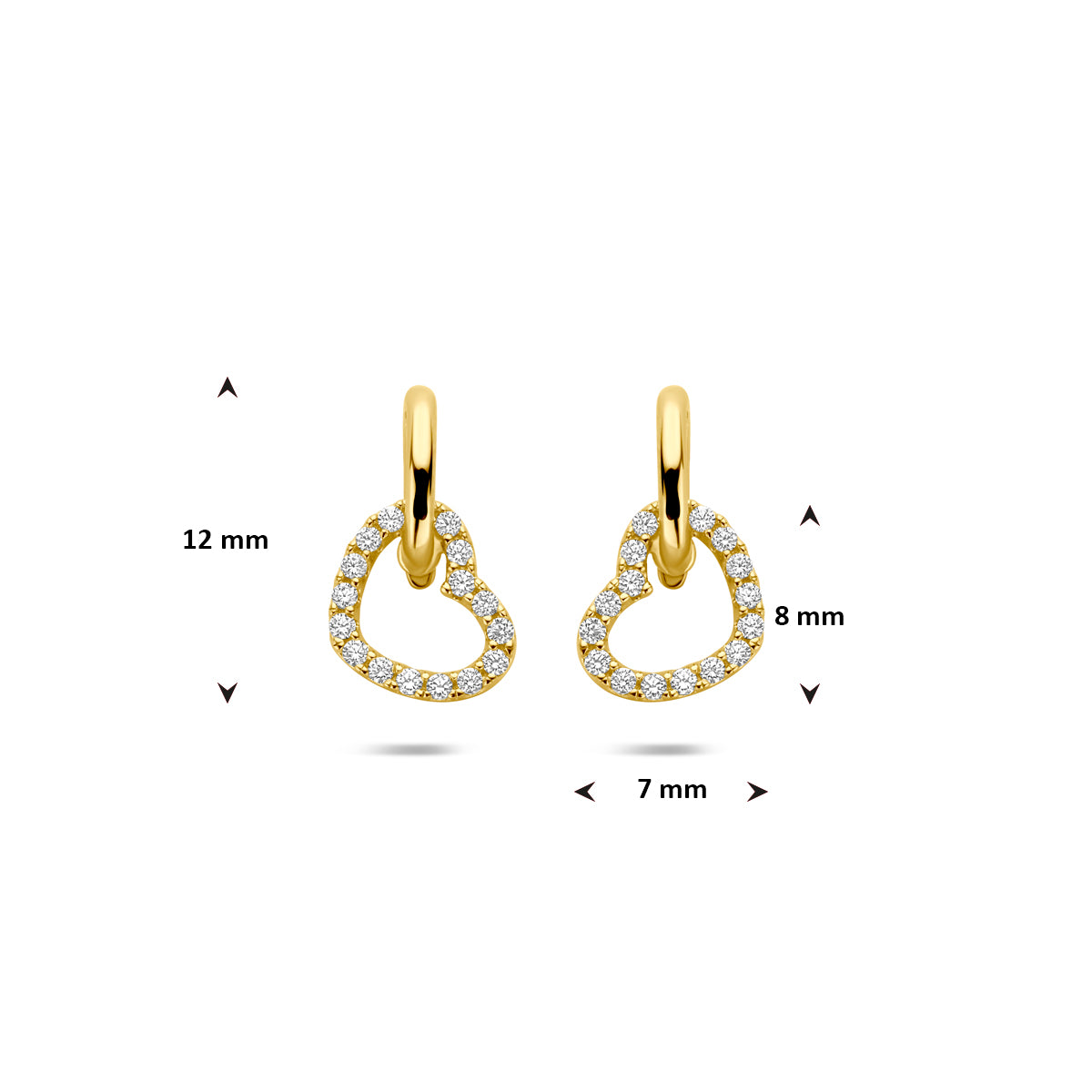 Afmetingen van de gouden hartjes oorhangers met zirkonia van 14 karaat: 12 mm lang, hartje 8 x 7 mm.