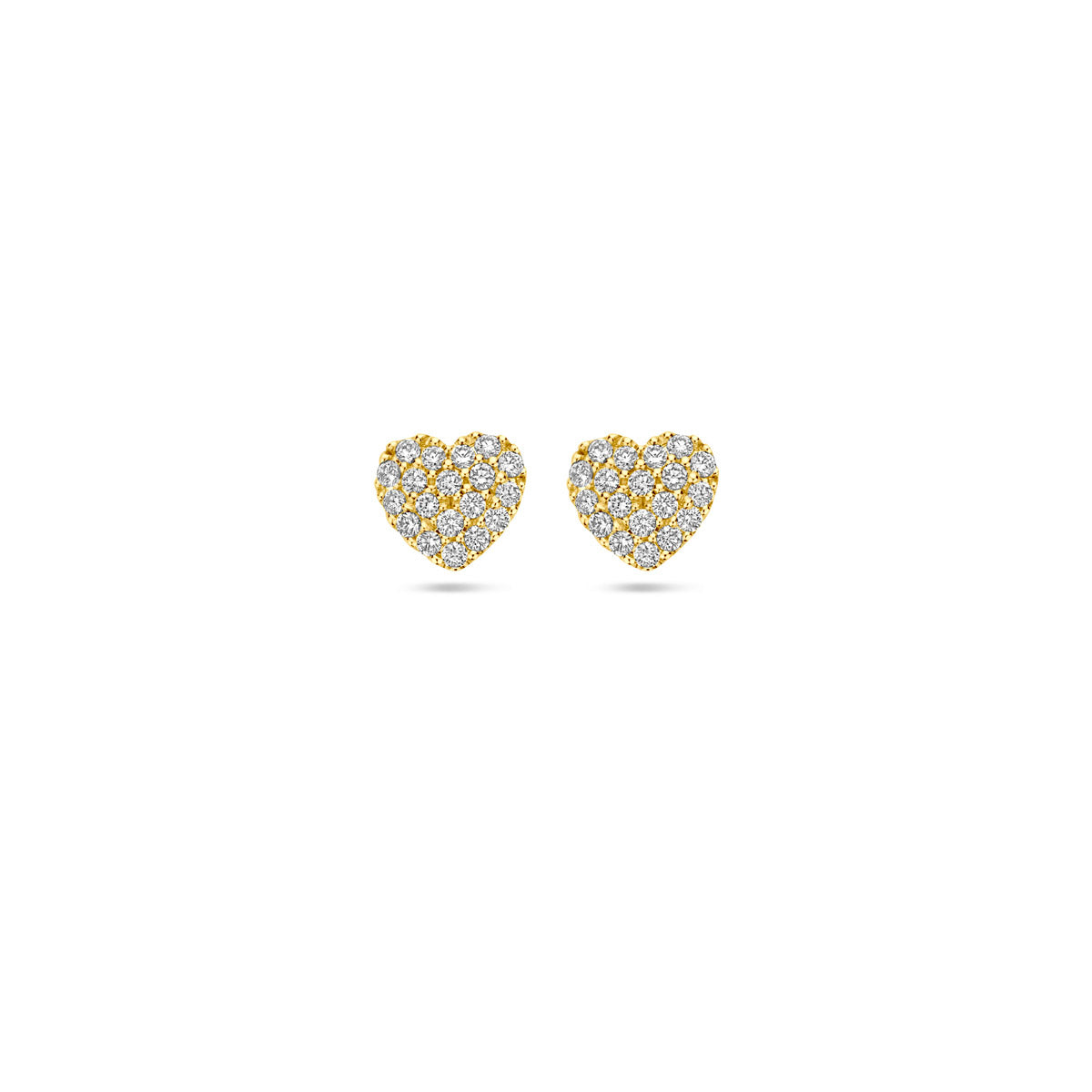 Vooraanzicht van de gouden hartjes oorknopjes met diamant van 14 karaat.