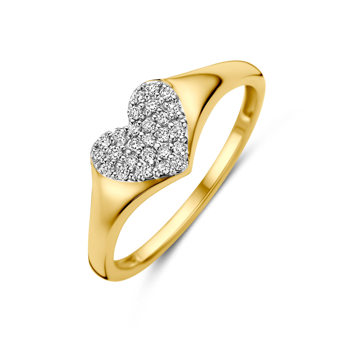 Schuin bovenaanzicht van de gouden hartjes ring met lab grown diamant van 14 karaat.