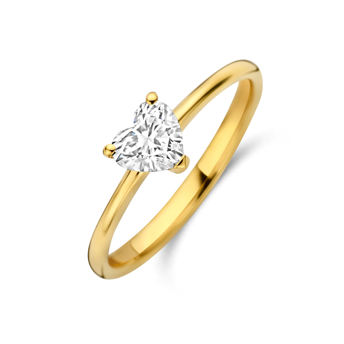 Schuin bovenaanzicht van de gouden hartjes ring met lab grown diamant van 14 karaat.