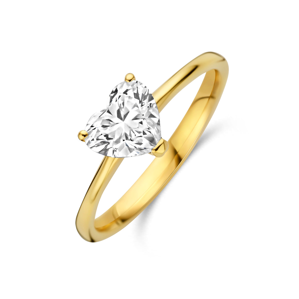 Schuin bovenaanzicht van de gouden hartjes ring met lab grown diamant van 14 karaat.
