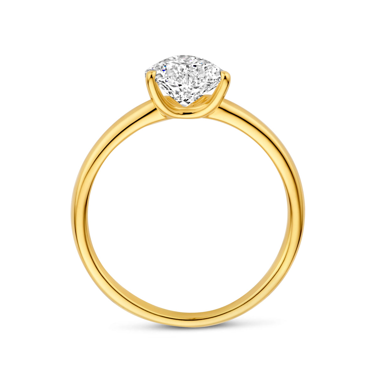 Zijaanzicht van de gouden hartjes ring met lab grown diamant van 14 karaat, 1,00 ct.