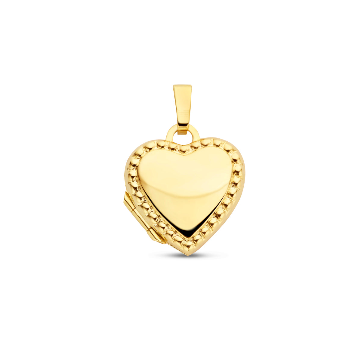 Vooraanzicht van de gouden medaillonhanger in hartvorm met bolletjes van 14 karaat.