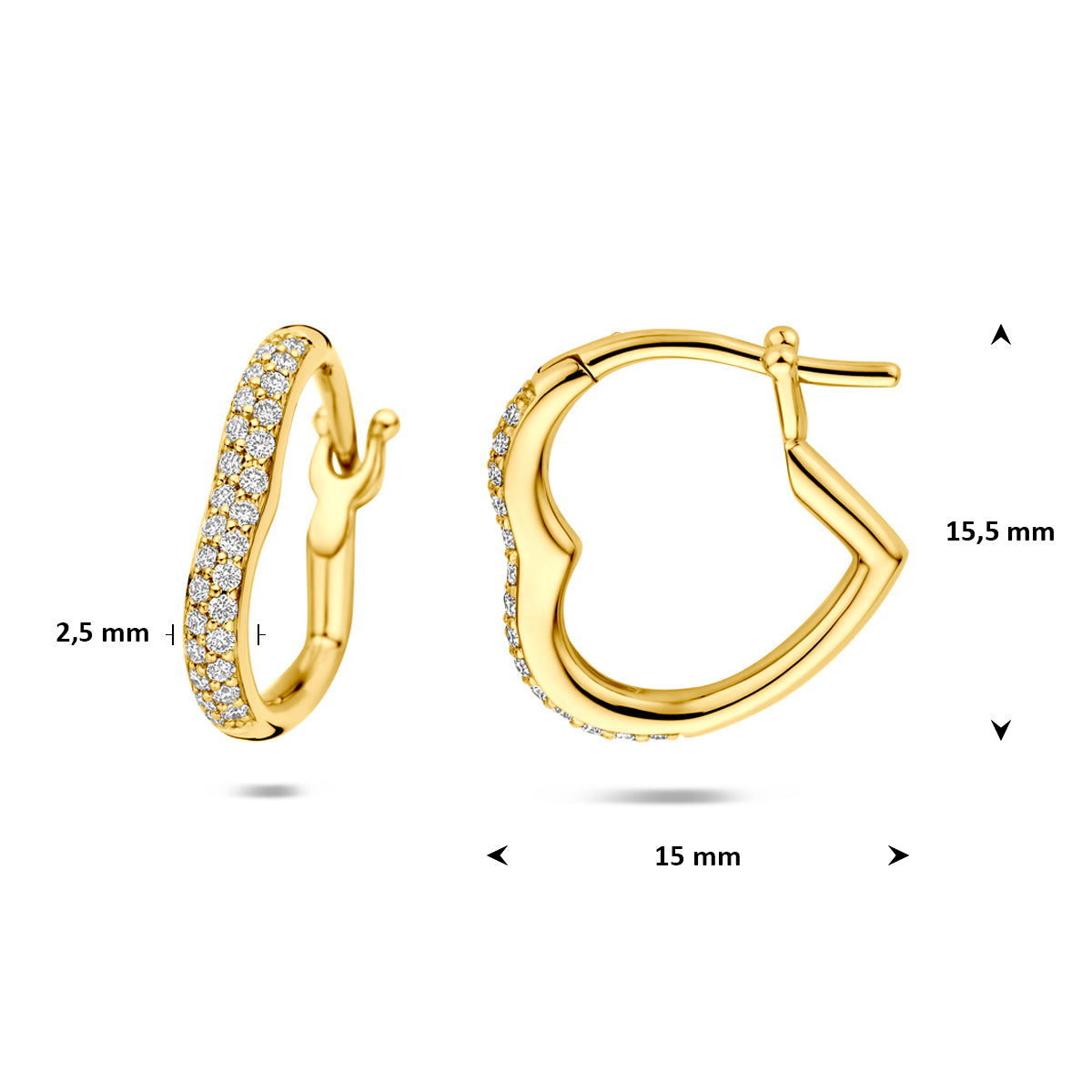 Afmetingen van de gouden hartvormige oorringen met diamant van 14 karaat: 15,5 mm hoog en 15 mm breed.