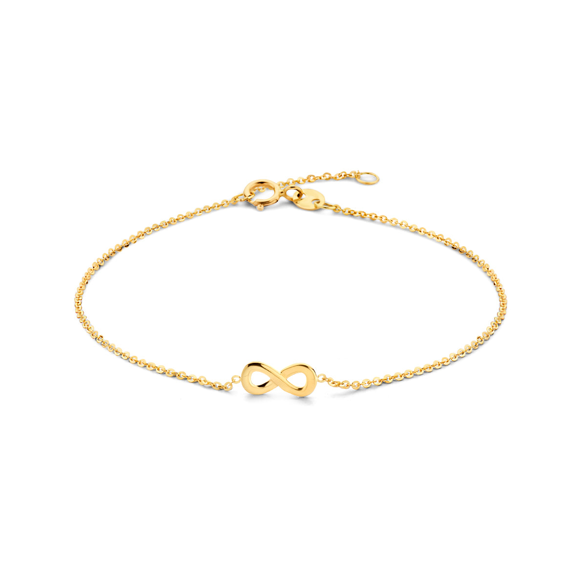 Vooraanzicht van de gouden infinity armband van 14 karaat.