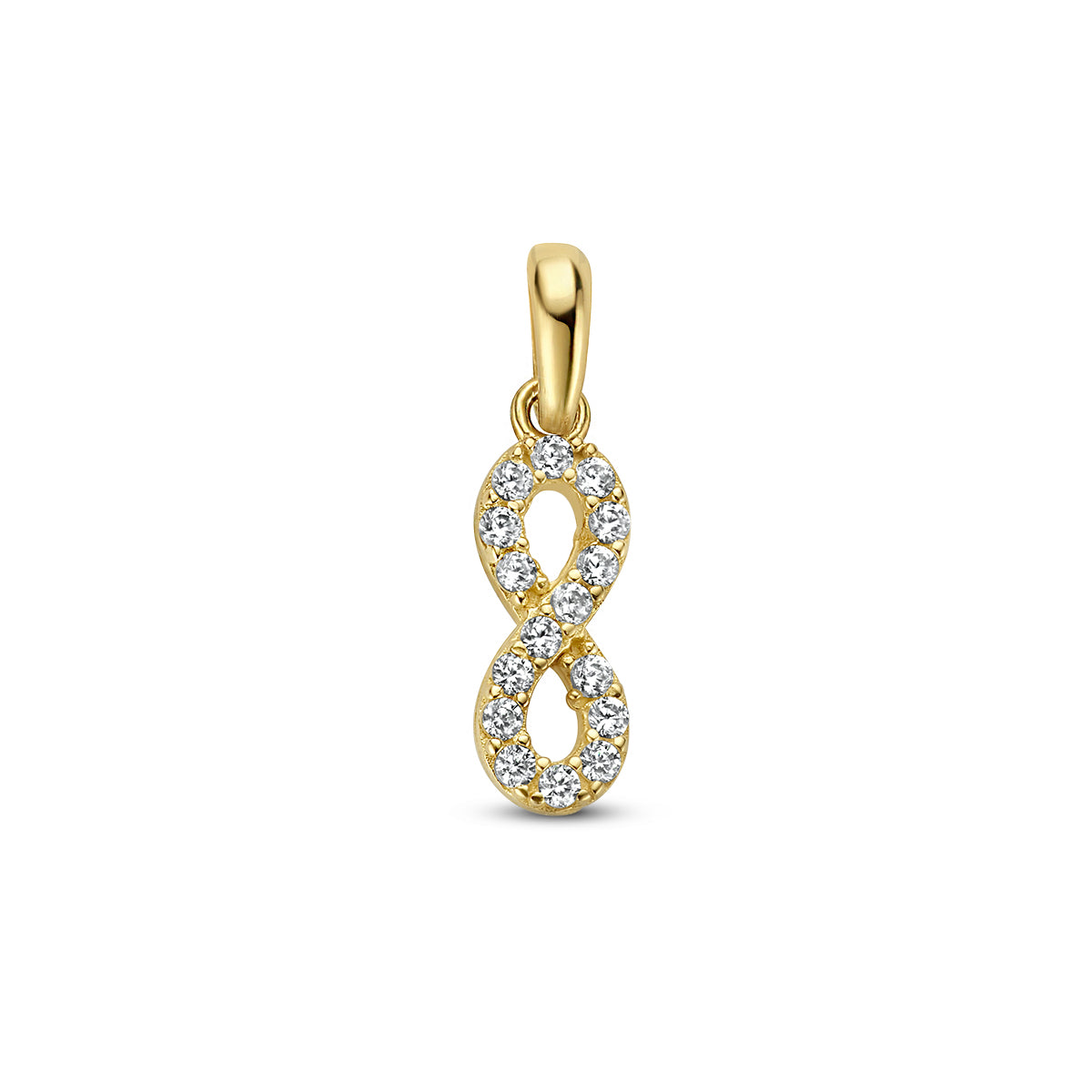 Vooraanzicht van de gouden infinity hanger met zirkonia van 14 karaat.