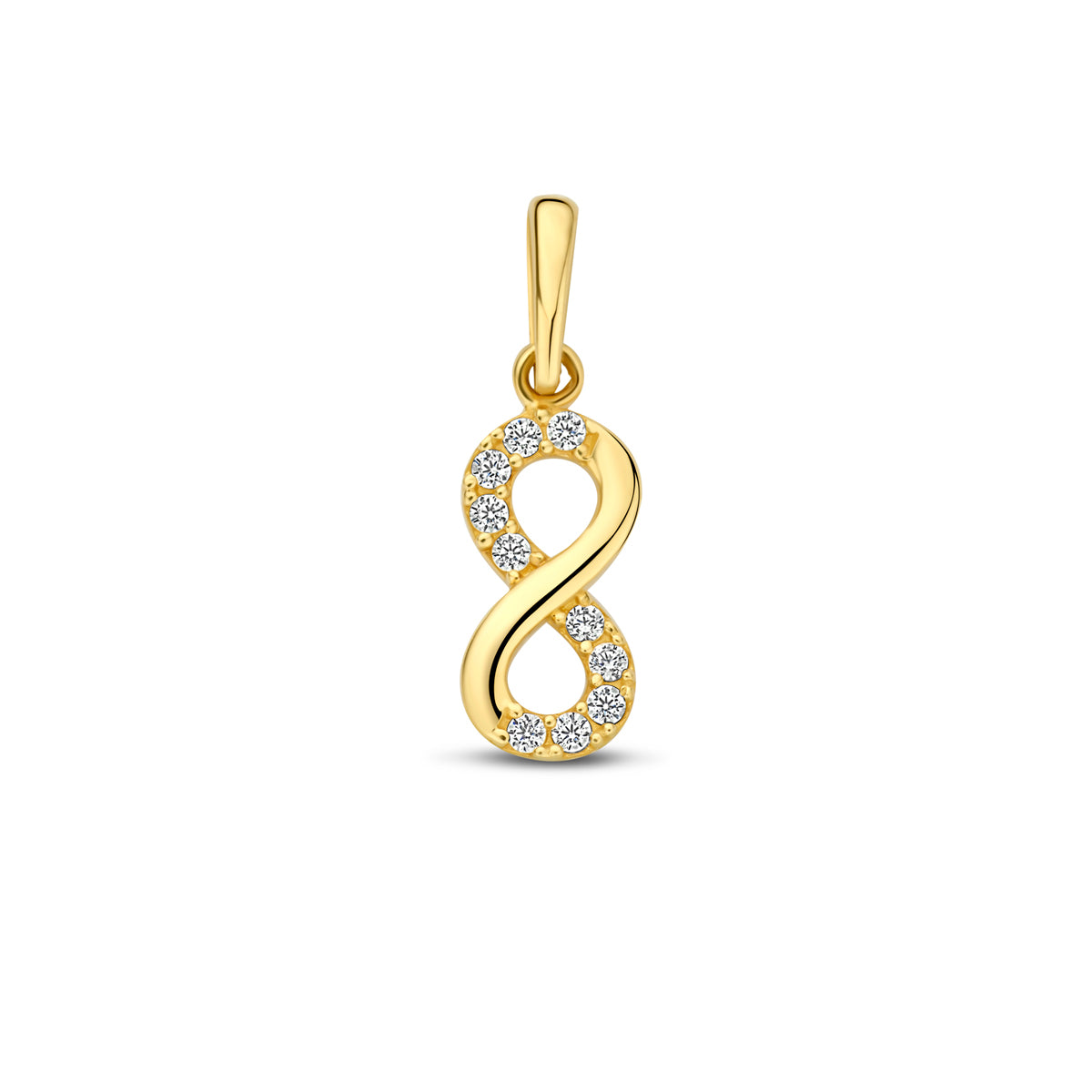 Vooraanzicht van de gouden infinity hanger met zirkonia van 14 karaat.
