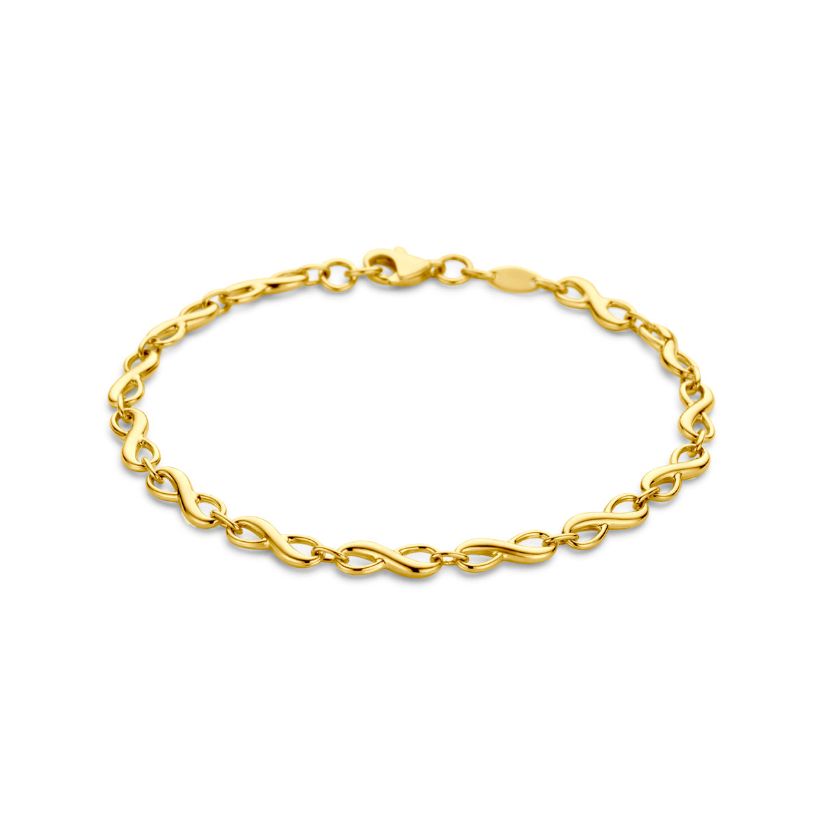 Vooraanzicht van de gouden infinity schakelarmband van 14 karaat.