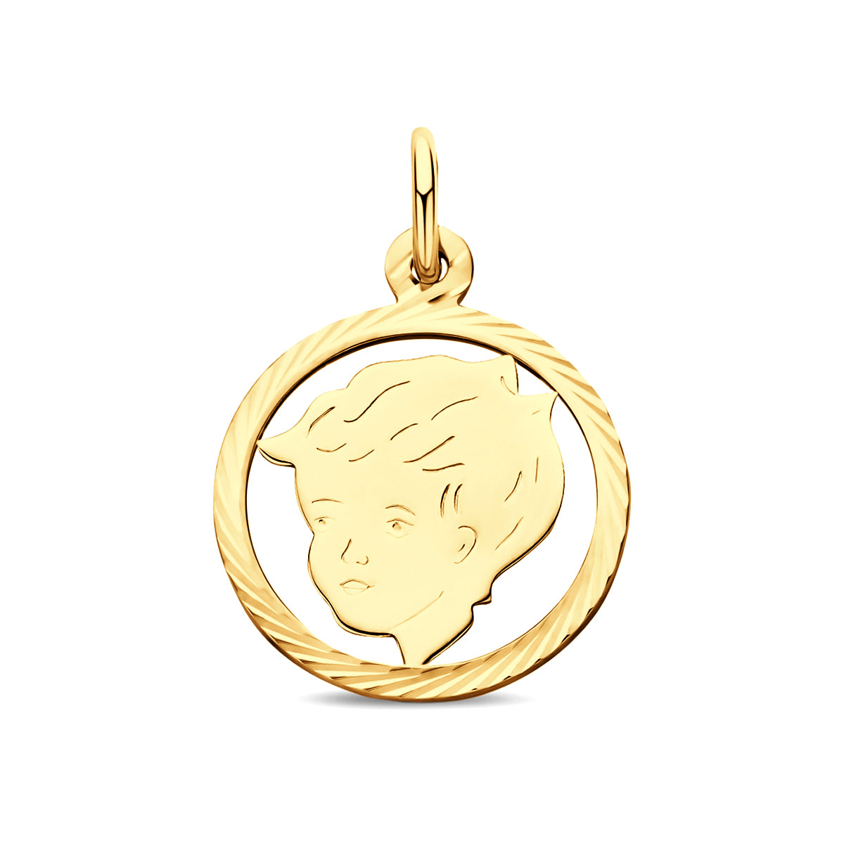 Vooraanzicht van de gouden jongen hanger van 14 karaat.