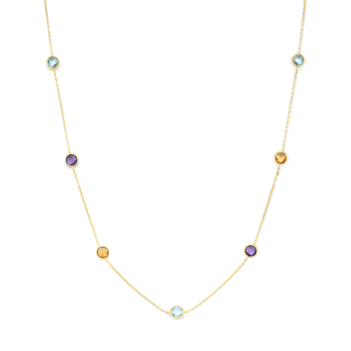 Vooraanzicht van de 14 karaat gouden ketting met kleurrijke edelstenen, 40 cm lang met verlengstuk tot 44 cm.