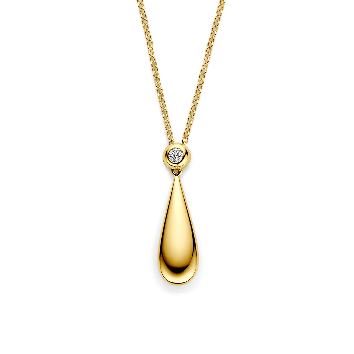 Vooraanzicht van de gouden ketting met druppel en diamant van 14 karaat.