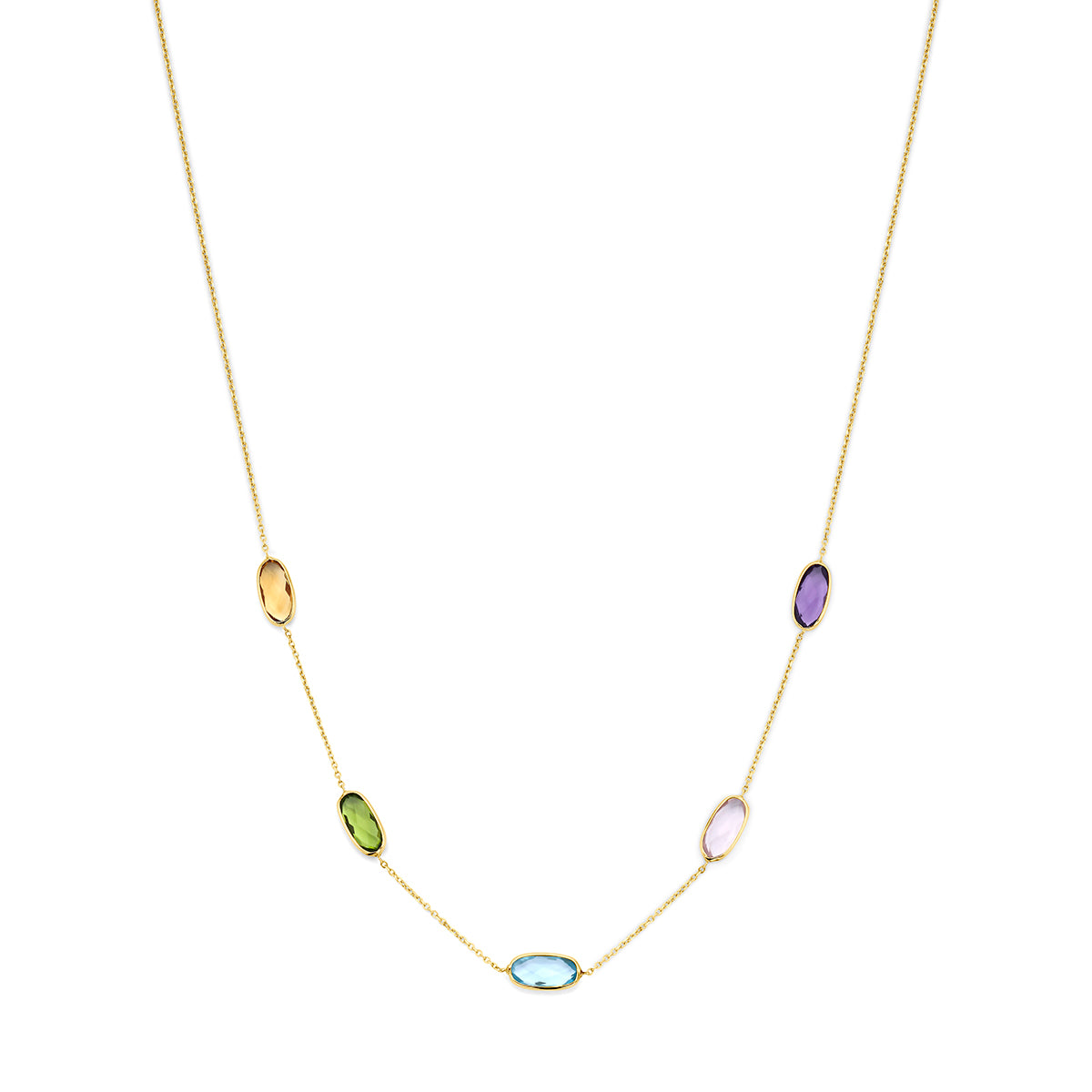 Vooraanzicht van de gouden ketting met edelstenen van 14 karaat.