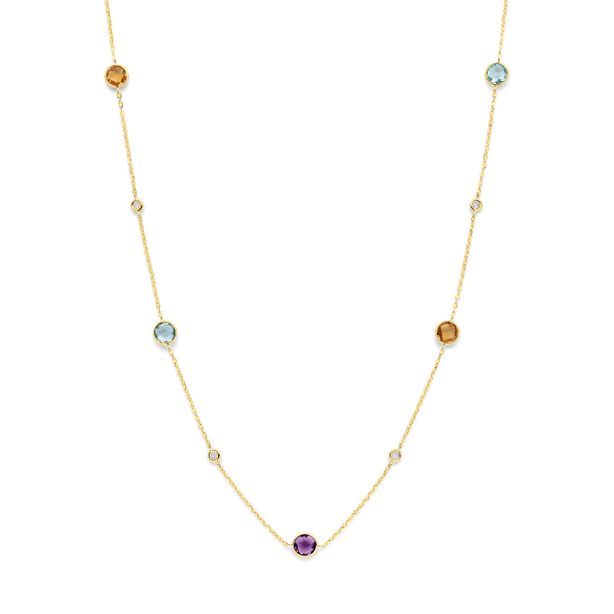 Vooraanzicht van de gouden ketting met edelstenen en diamant van 14 karaat.