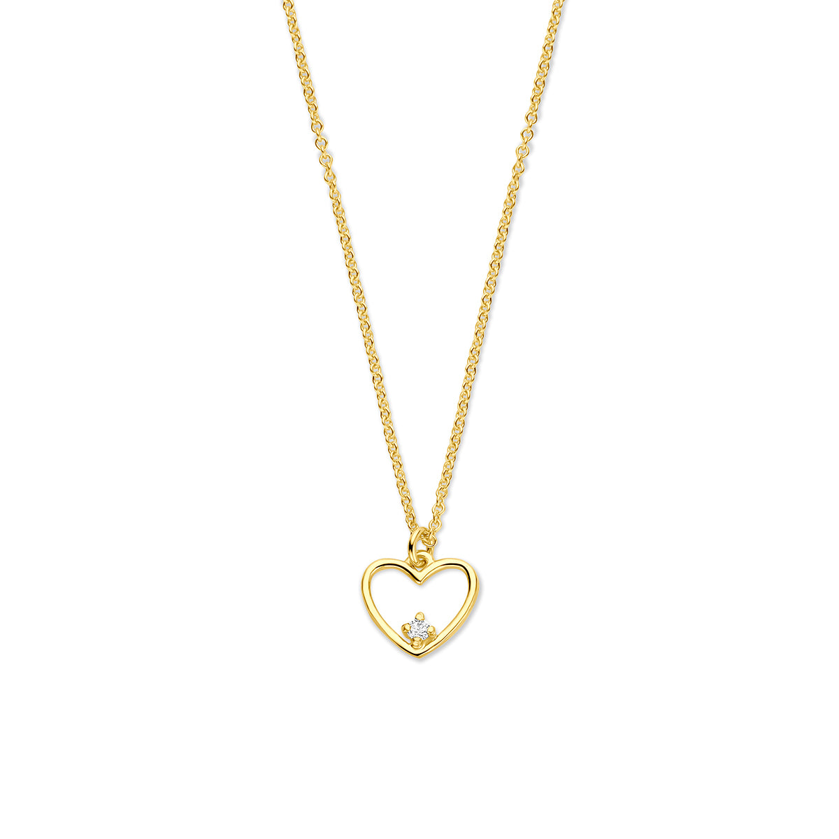 Vooraanzicht van de gouden ketting met hartje en diamant van 14 karaat.