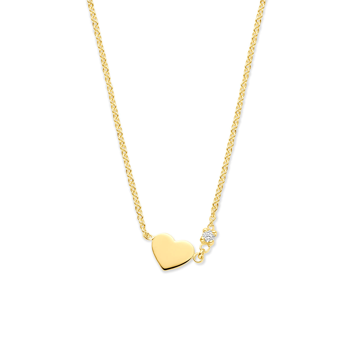 Vooraanzicht van de gouden ketting met klein hartje en diamant van 14 karaat.