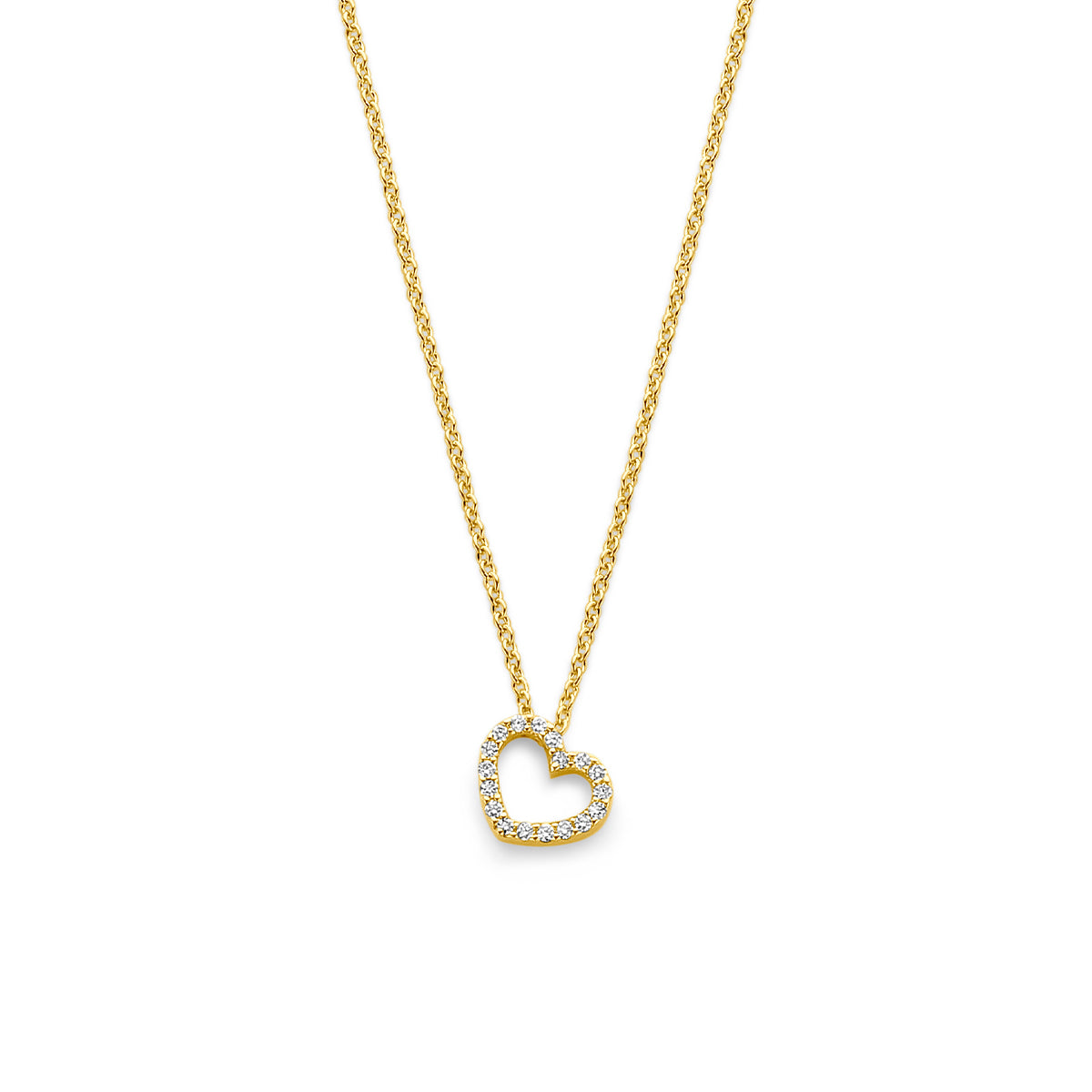 Vooraanzicht van de gouden ketting met hartje en diamant van 14 karaat.