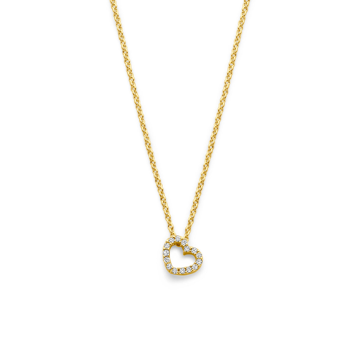 Vooraanzicht van de gouden ketting met hartje en diamant van 14 karaat.