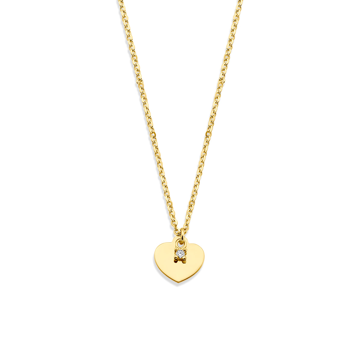 Vooraanzicht van de gouden ketting met hartje en zirkonia van 14 karaat.