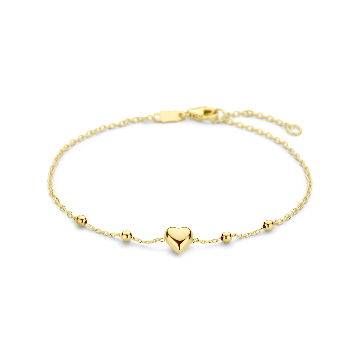 Vooraanzicht van de gouden kinderarmband met hartje en bolletjes van 14 karaat.