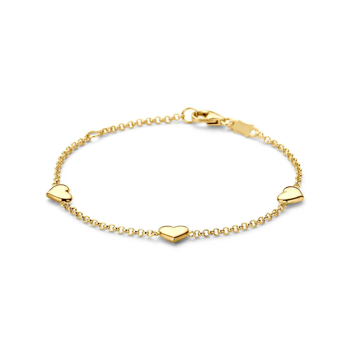Vooraanzicht van de gouden kinderarmband met hartjes van 14 karaat.