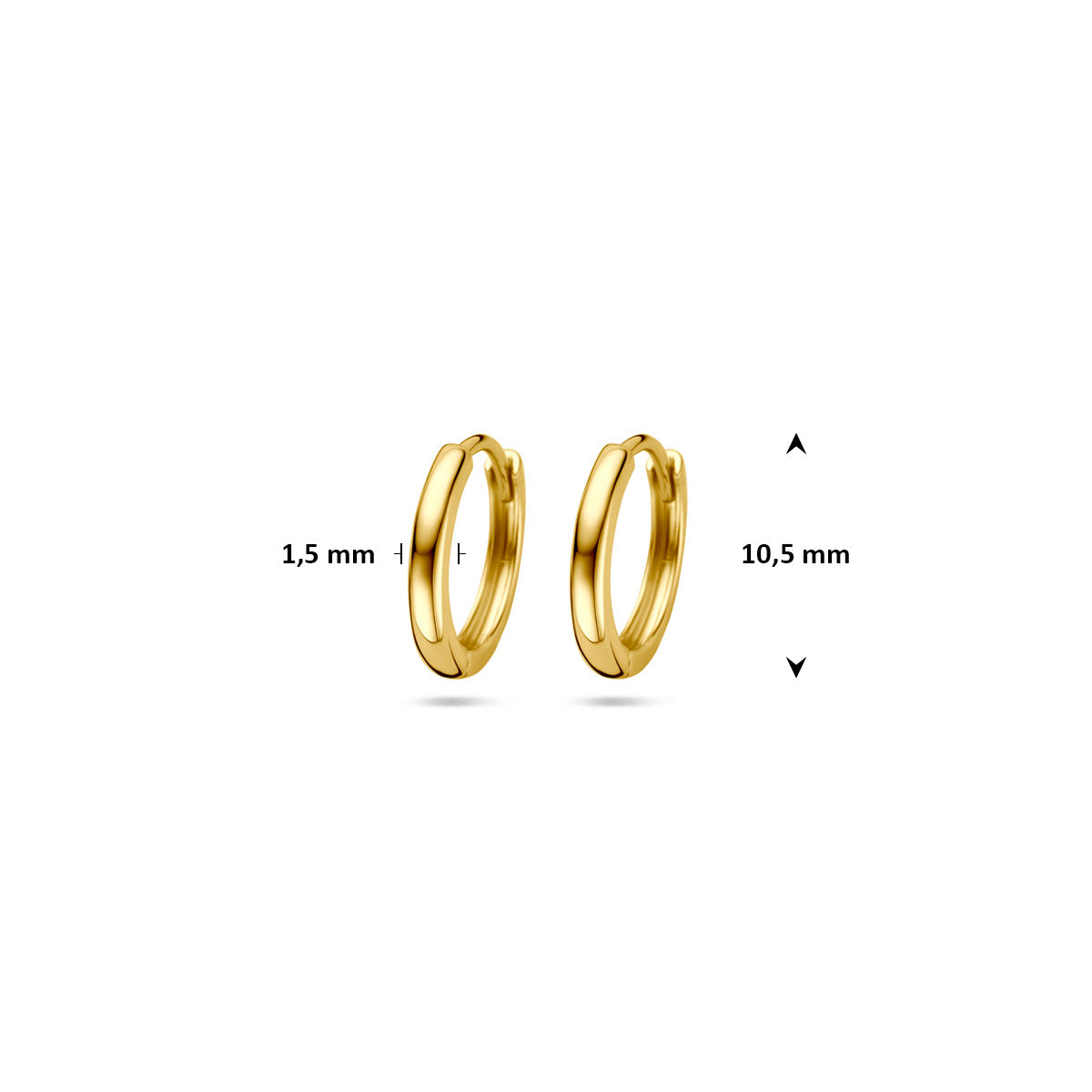 Afmetingen van de gouden klapoorringen van 14 karaat: 10,5 mm doorsnee en 1,5 mm dik.