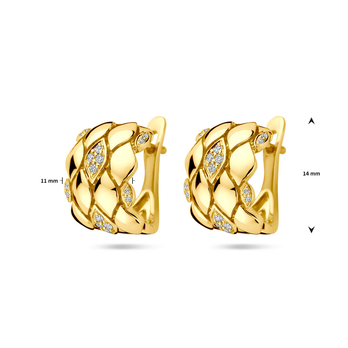Afmetingen van de gouden klapoorringen met diamant van 14 karaat: 14 mm hoog en 11 mm breed.