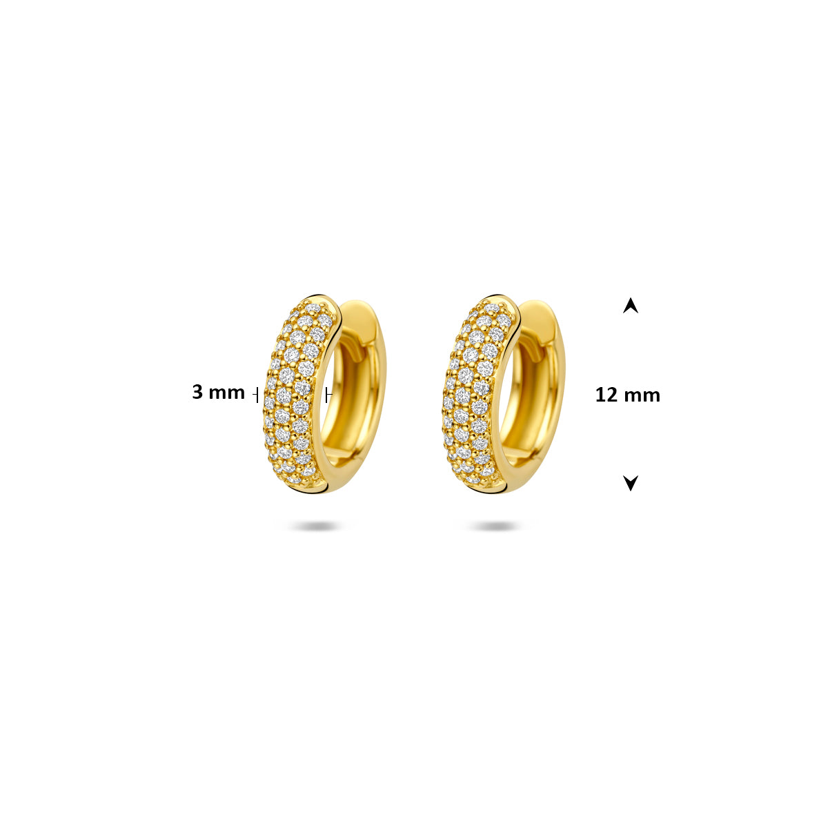 Afmetingen van de gouden klapoorringen met diamant van 14 karaat: 12 mm doorsnee en 3 mm dik, 0,21 ct.