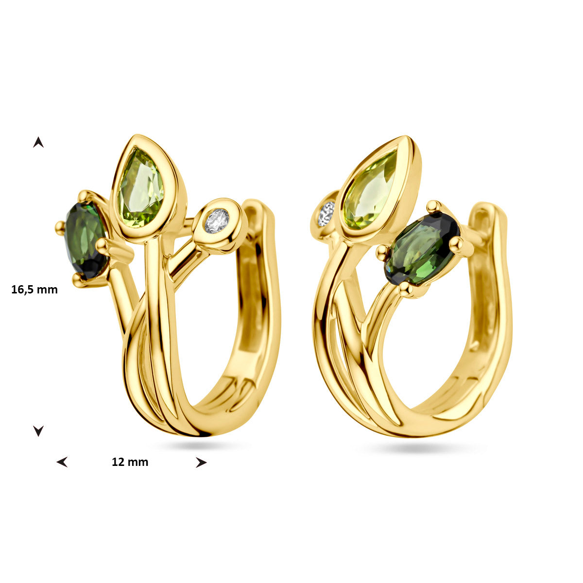 Afmetingen van de gouden klapoorringen met toermalijn, peridoot en diamant van 14 karaat: 16,5 mm hoog en 12 mm breed.