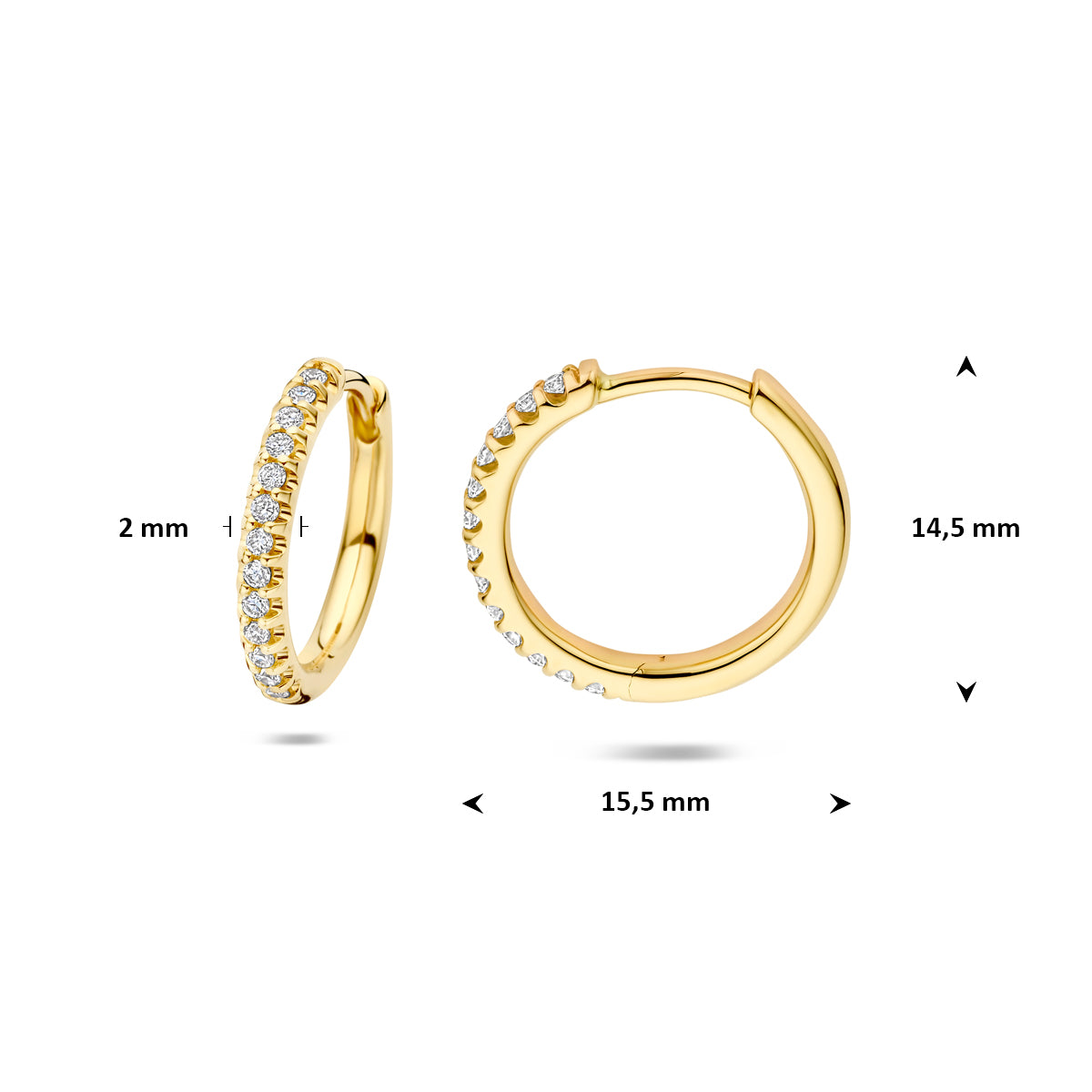 Afmetingen van de gouden klapoorringen met lab grown diamant van 14 karaat: 14,5 mm hoog en 2 mm dik.