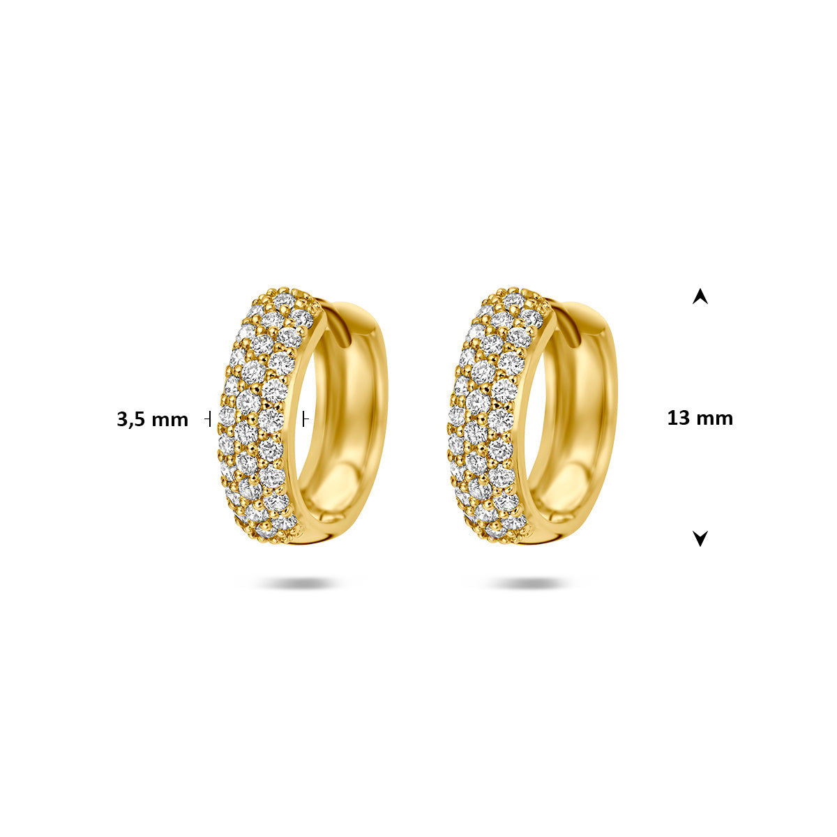 Afmetingen van de gouden klapoorringen met lab grown diamant van 14 karaat: 13 mm doorsnee en 3,5 mm dik, 0,45 ct.