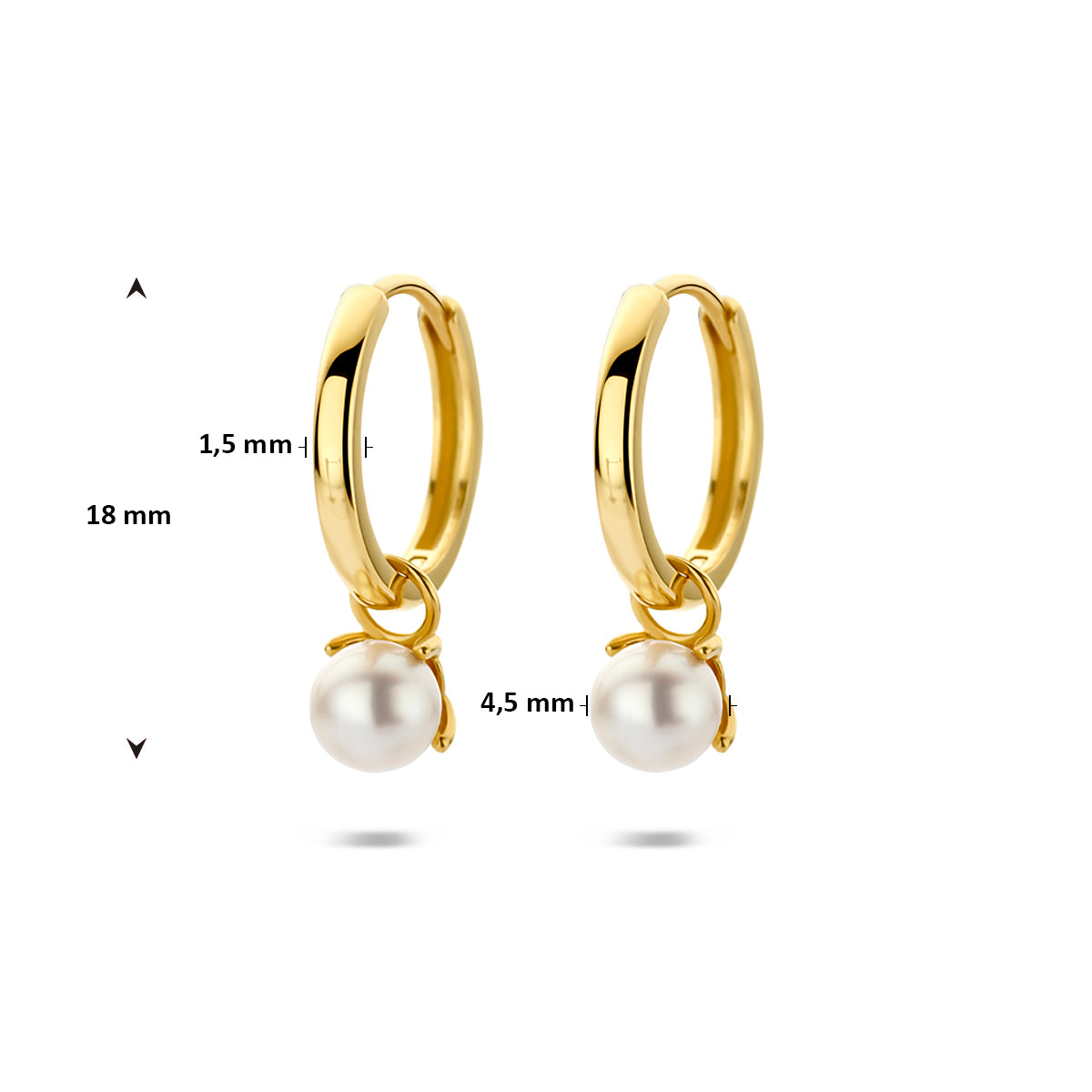 Afmetingen van de gouden klapoorringen met parel van 14 karaat: 18 mm hoog en 12 mm doorsnee.