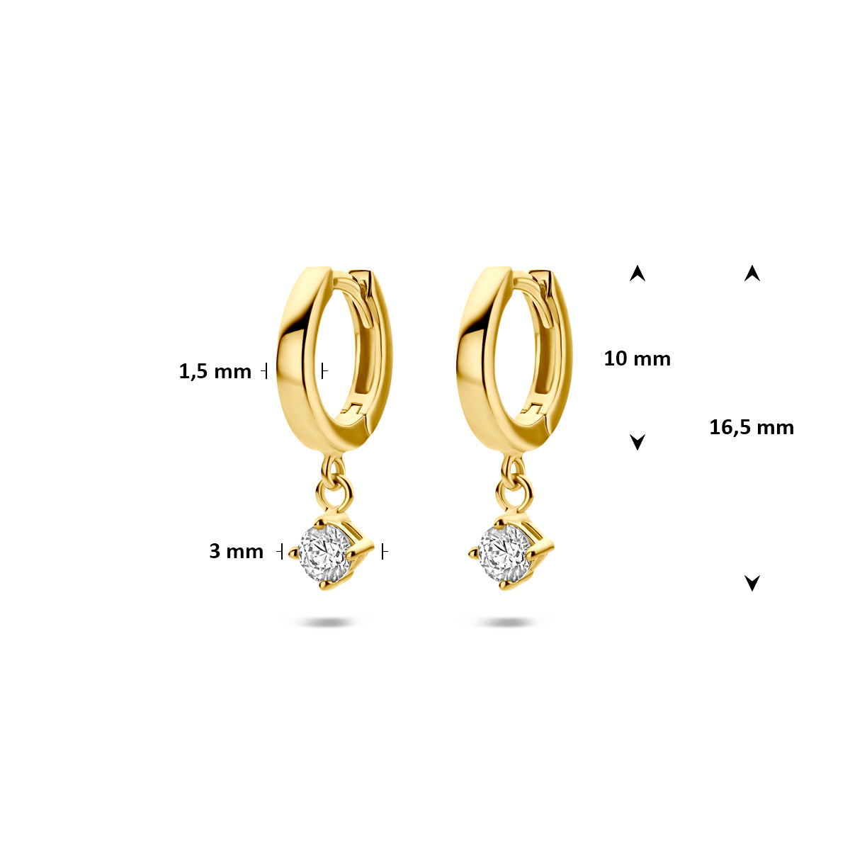 Afmetingen van de gouden klapoorringen met zirkonia hanger van 14 karaat: 16,5 mm hoog, ring 10 mm doorsnee, steen 3 mm.