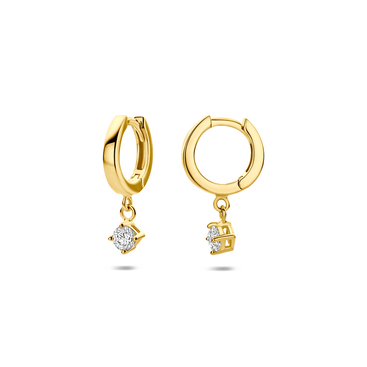 Voor- en zijaanzicht van de gouden klapoorringen met zirkonia hanger van 14 karaat.