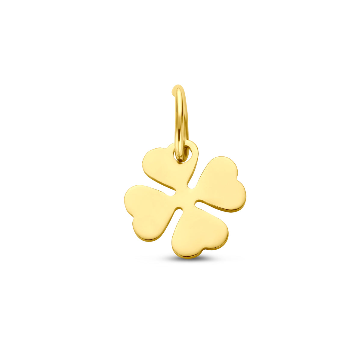 Vooraanzicht van de gouden klaver hanger van 14 karaat in de maat 8,5 mm.