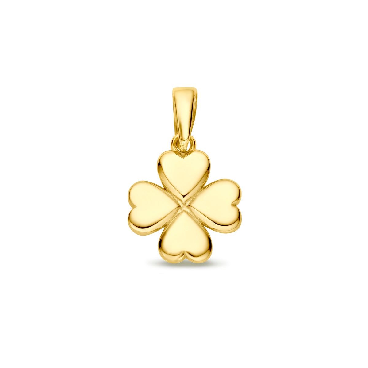 Vooraanzicht van de gouden klavertje hanger van 14 karaat.