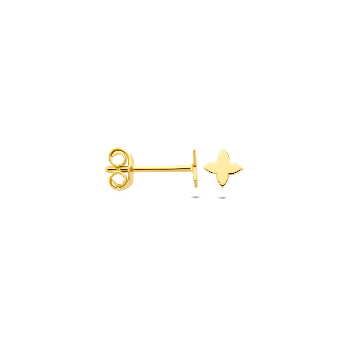 Voor- en zijaanzicht van de gouden kleine oorknopjes van 14 karaat.