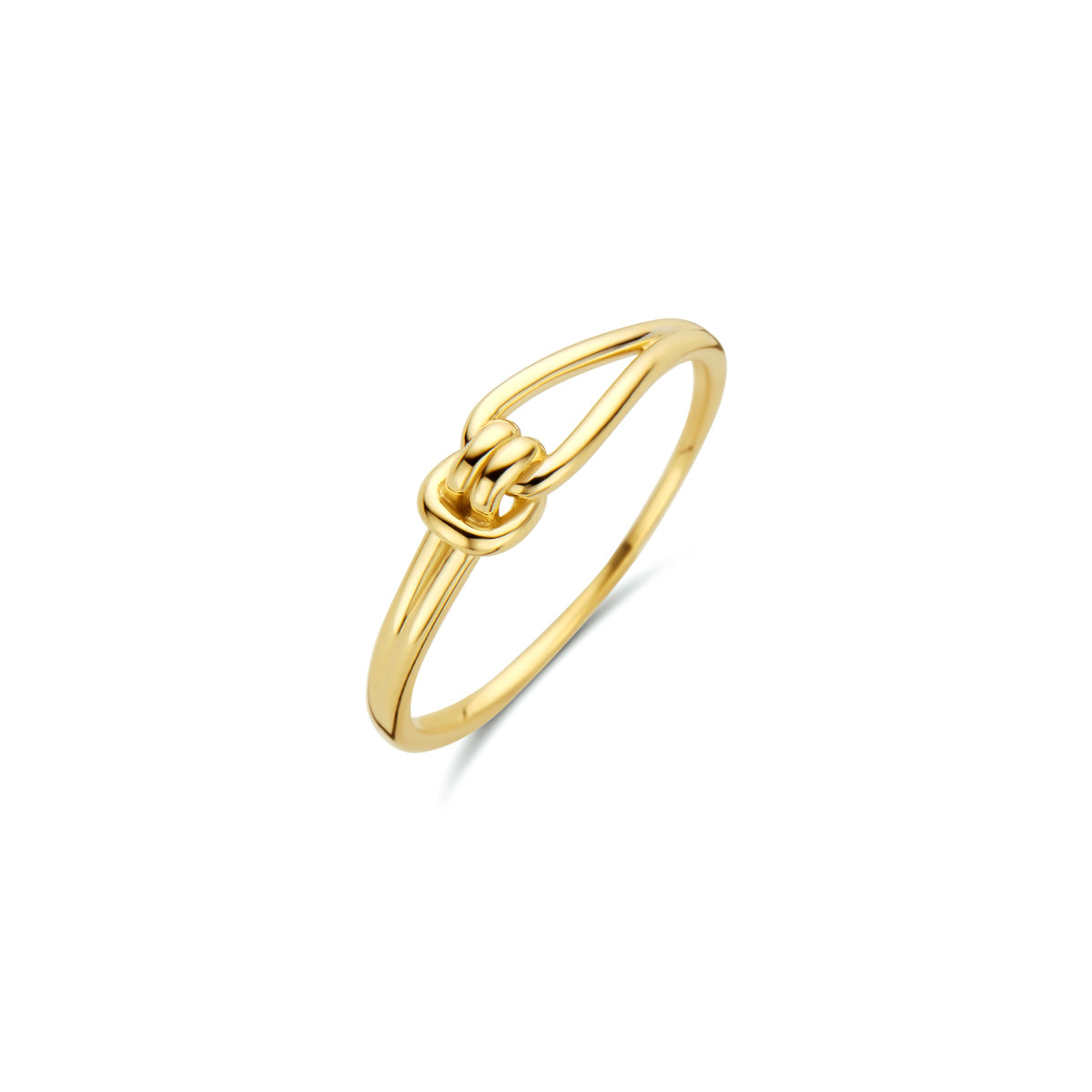 Schuin bovenaanzicht van de gouden knoop ring van 14 karaat.