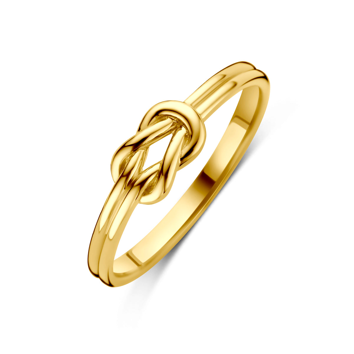 Schuin bovenaanzicht van de gouden knoop ring van 14 karaat.