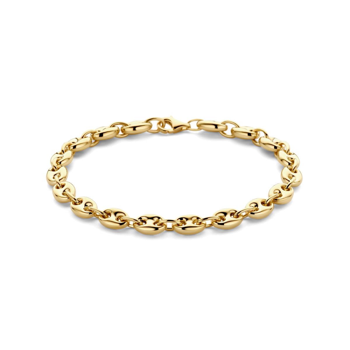 Vooraanzicht van de gouden koffieboon armband van 14 karaat.