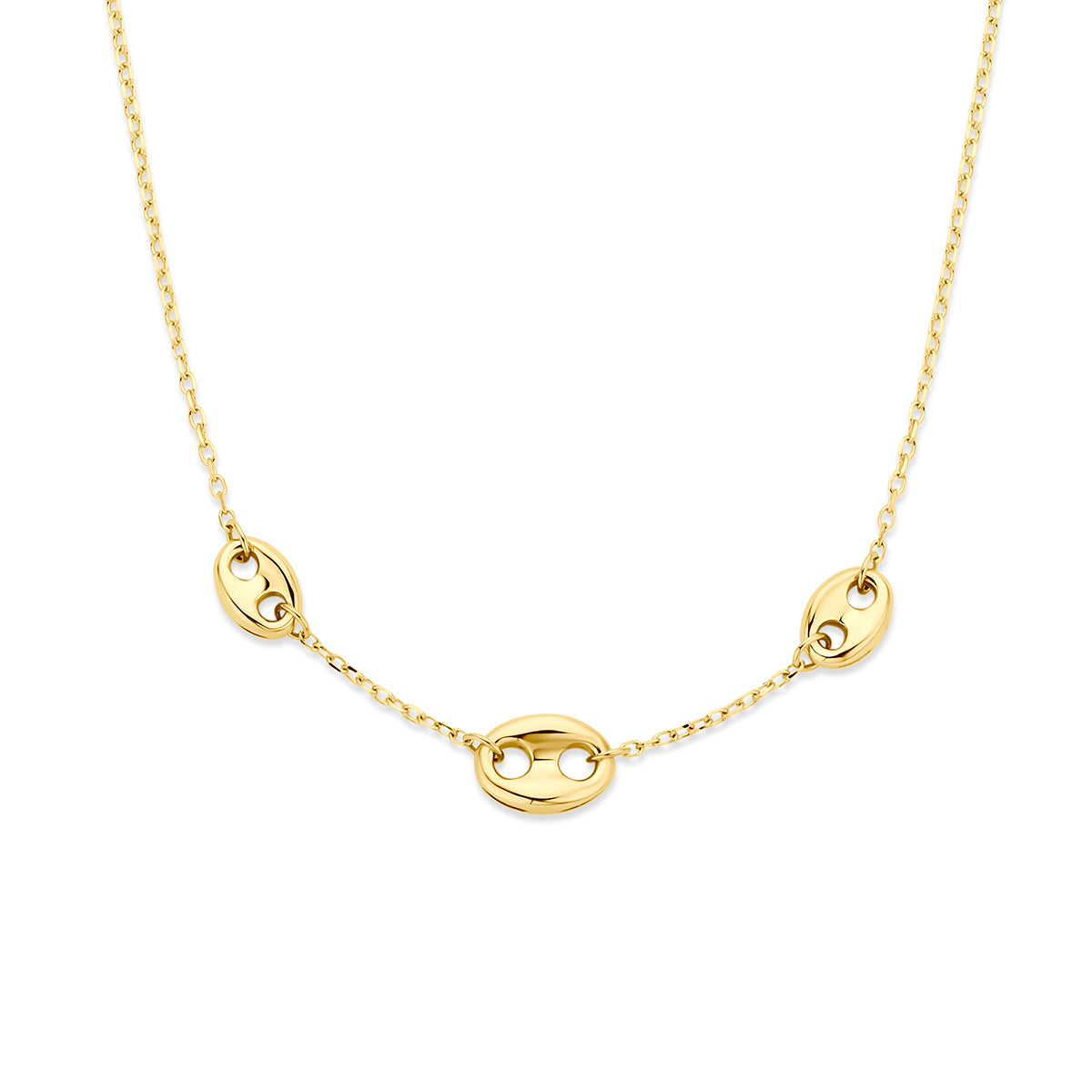 Vooraanzicht van de gouden koffieboon ketting van 14 karaat.