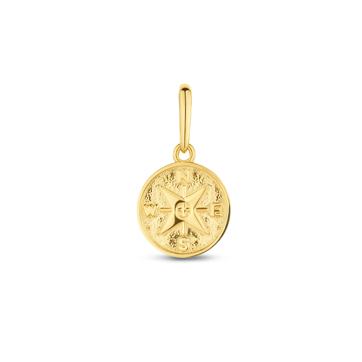 Vooraanzicht van de gouden kompas hanger van 14 karaat.