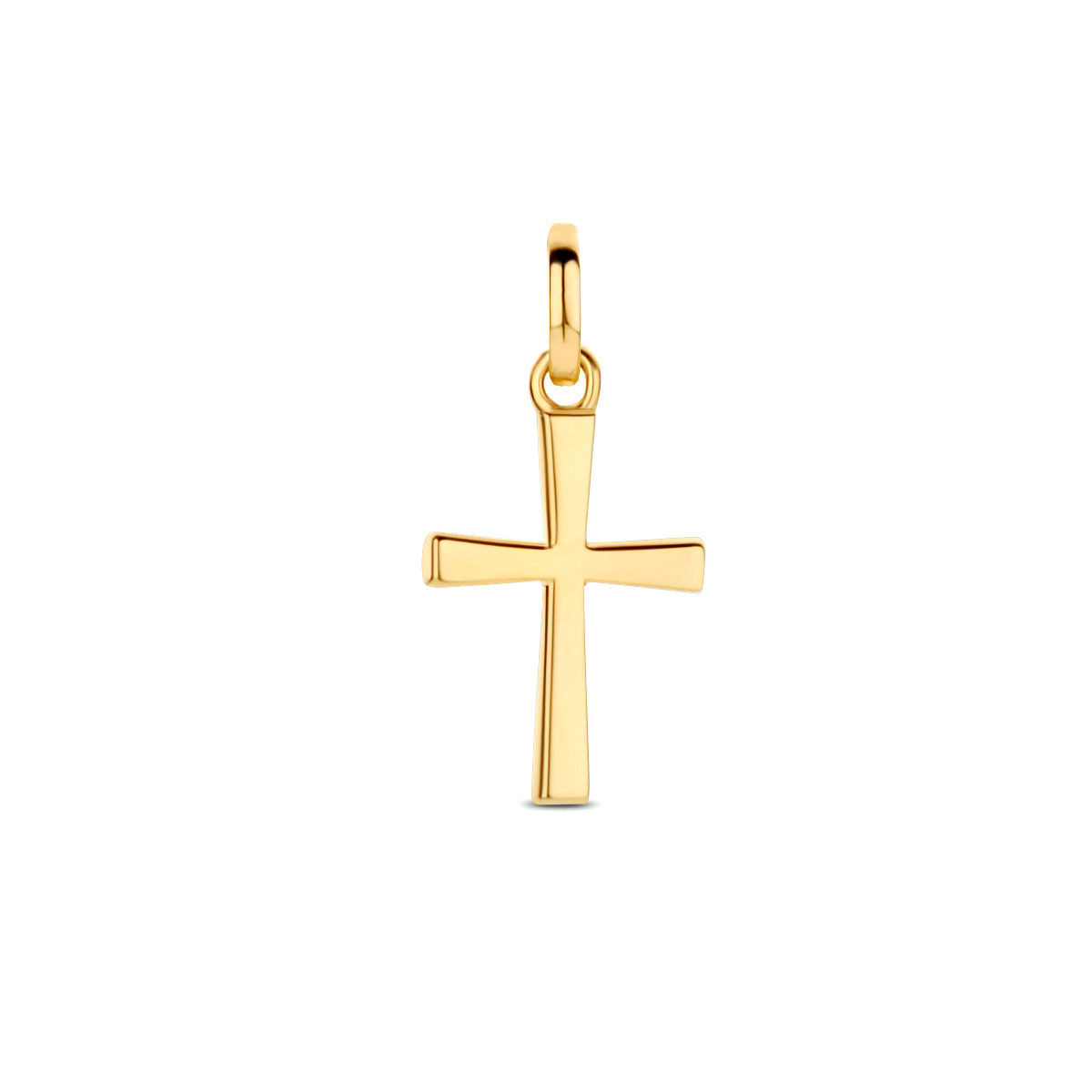 Vooraanzicht van de gouden kruis hanger van 14 karaat.
